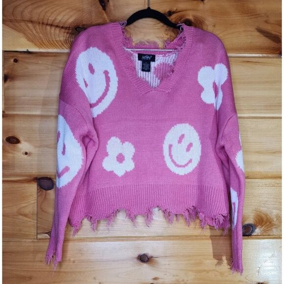 Just Polly Pink Daisy,Smiles Knit Sweater Cropped Raw Distressed Hem Oversized - Picture 7 of 9